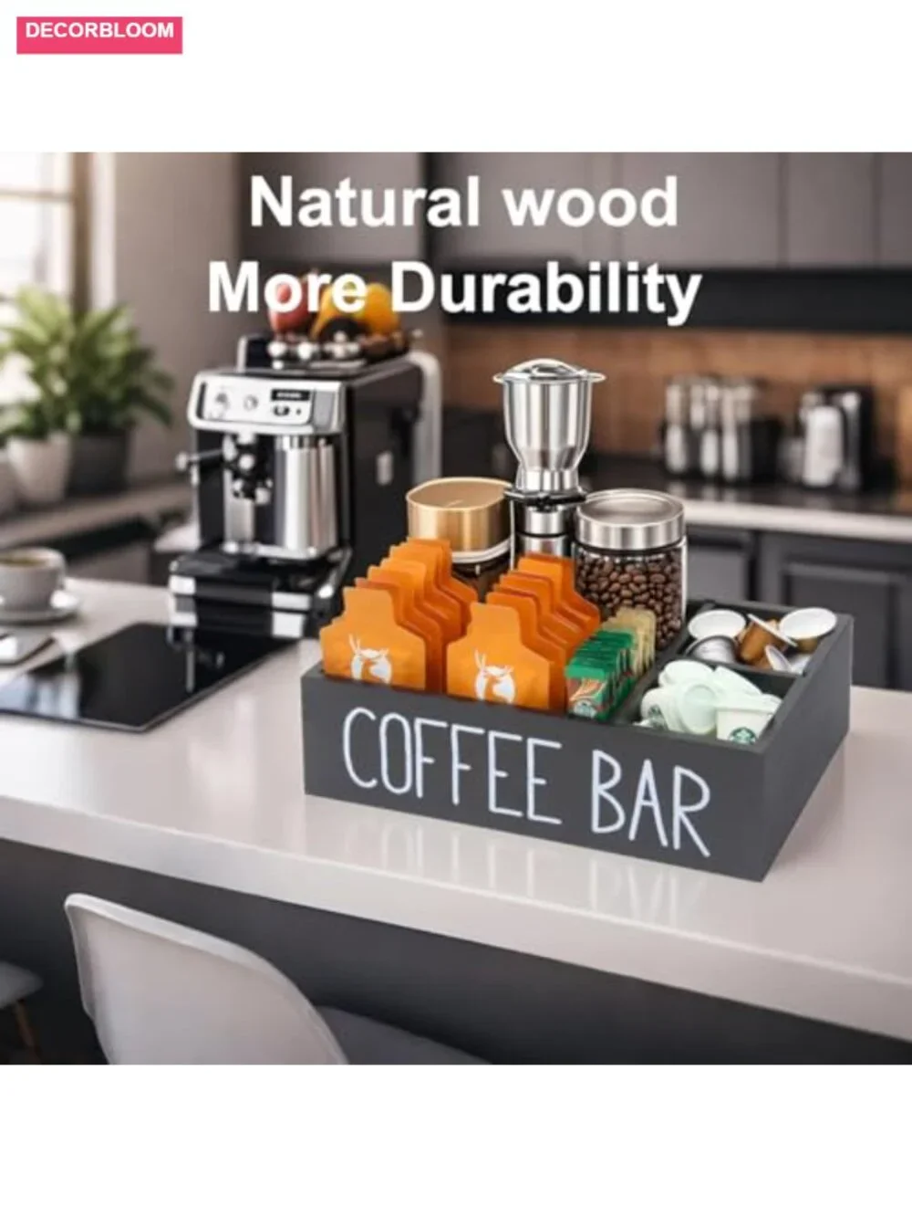 Countertop Coffee Bar Organizer Wood Storage with Removable Dividers